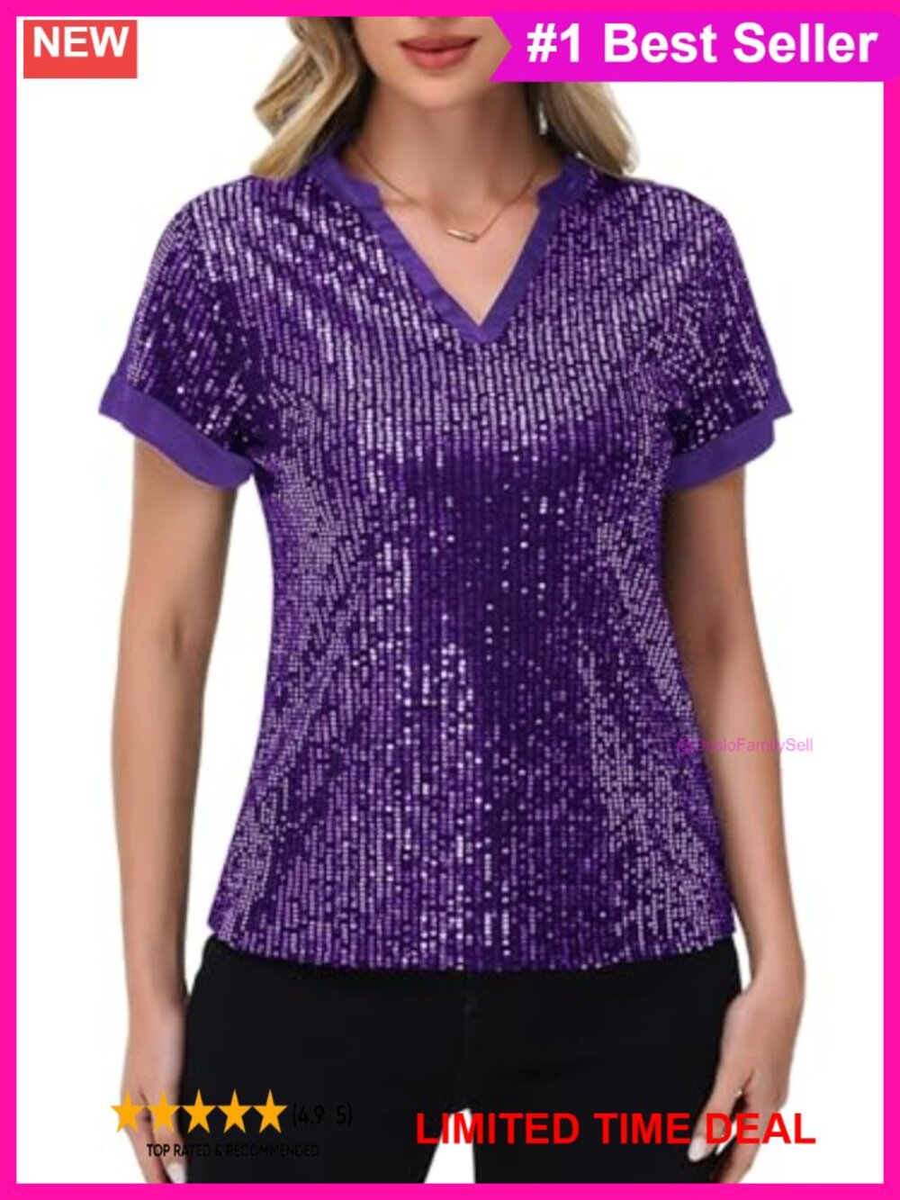 Sequin Tunic Top Short Sleeve Satin V-Neck Glitter Party Blouse